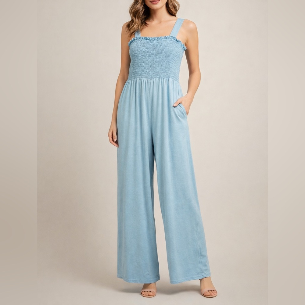 Blue Wide Leg Jumpsuit Womens XL Sleeveless Elastic Waist Pockets